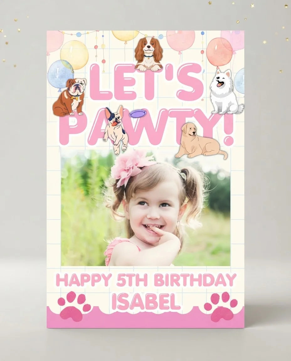 Personalised Let's Pawty Birthday Party Mega Card displayed against a plain studio background
