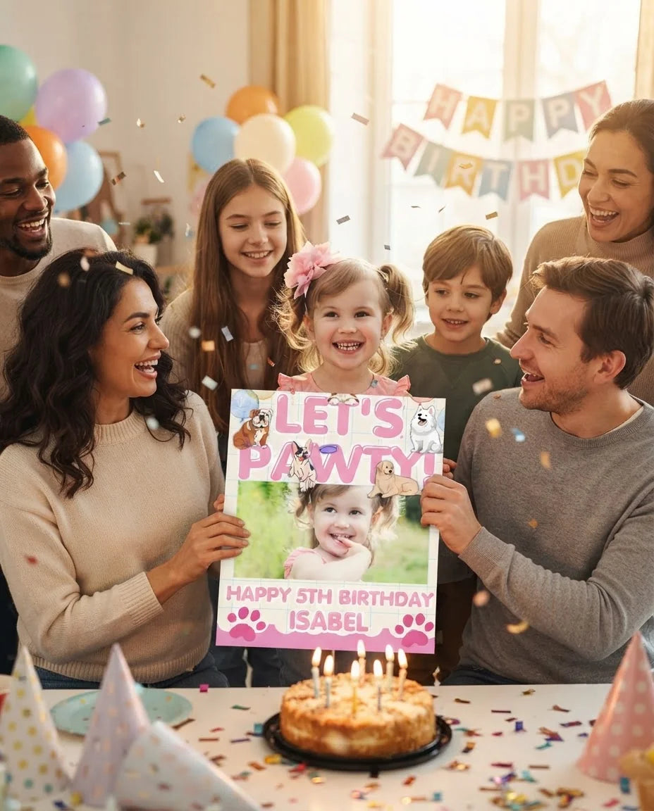 Friends and family celebrating with the personalised Let's Pawty Birthday Party Mega Card