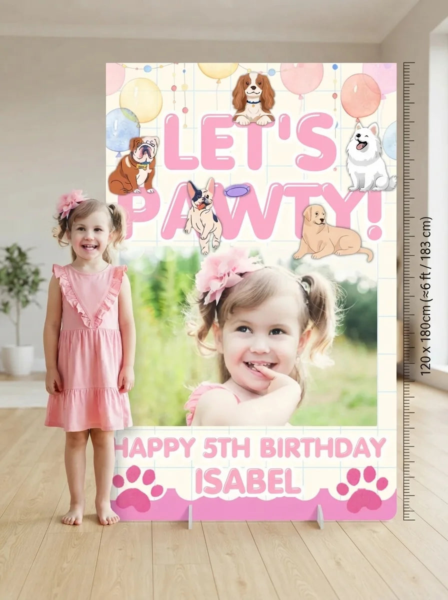 Person standing beside the Let's Pawty Birthday Party Mega Card for scale in a size guide