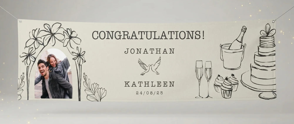 Personalised Line Art Illustration Theme Wedding Banner displayed against a plain studio background