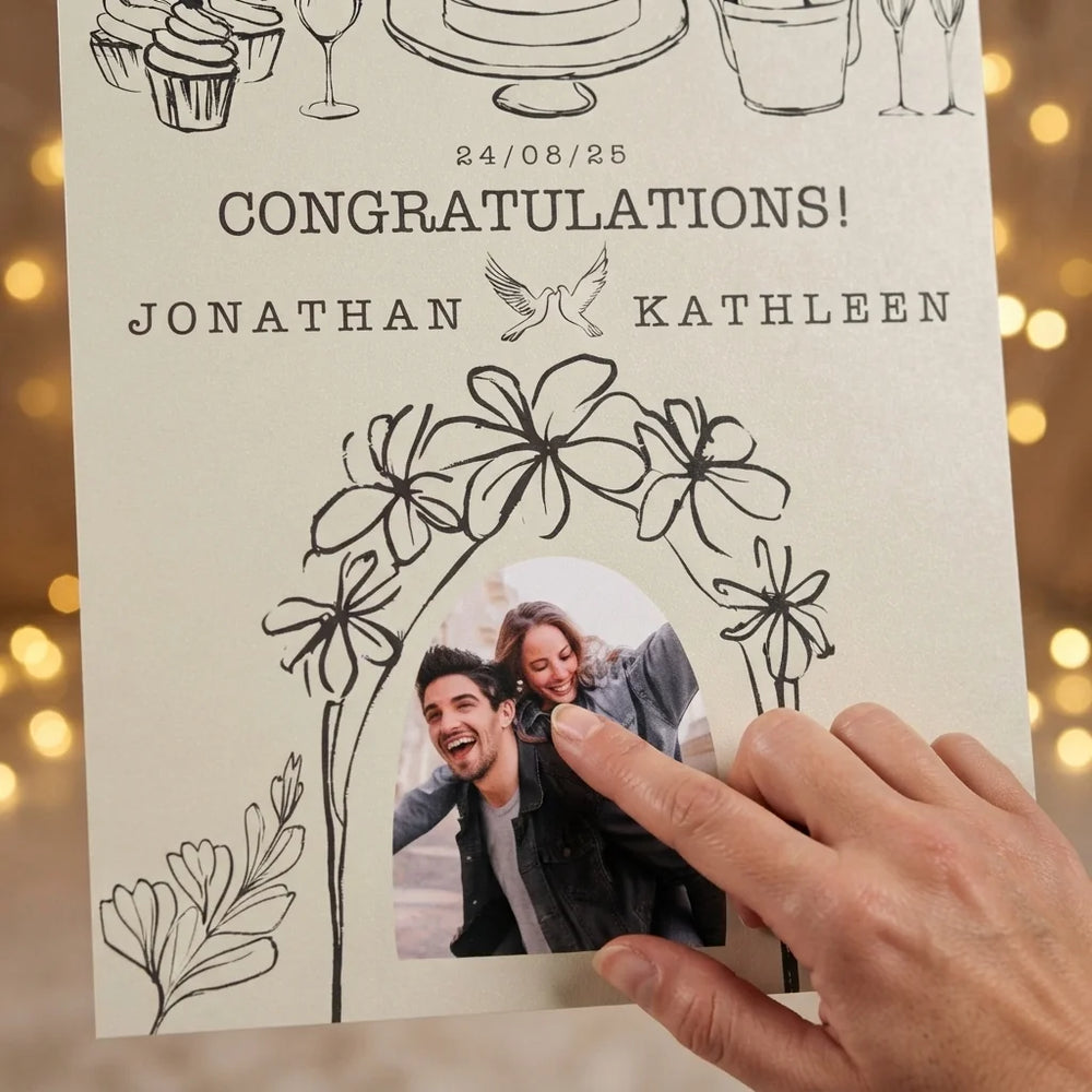 Close-up of the personalised name and photo printed on the Line Art Illustration Theme Wedding Mega Card