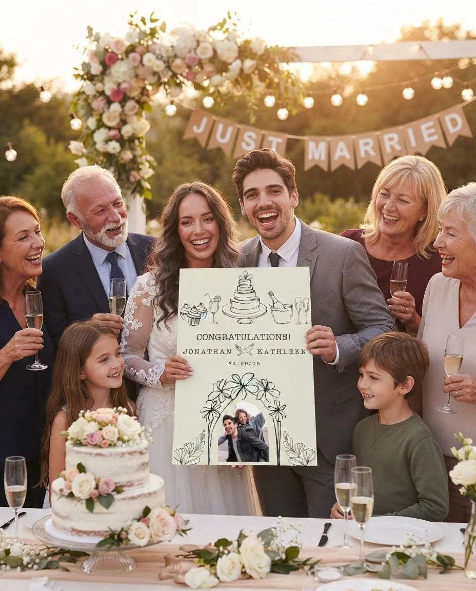 Friends and family celebrating with the personalised Line Art Illustration Theme Wedding Mega Card