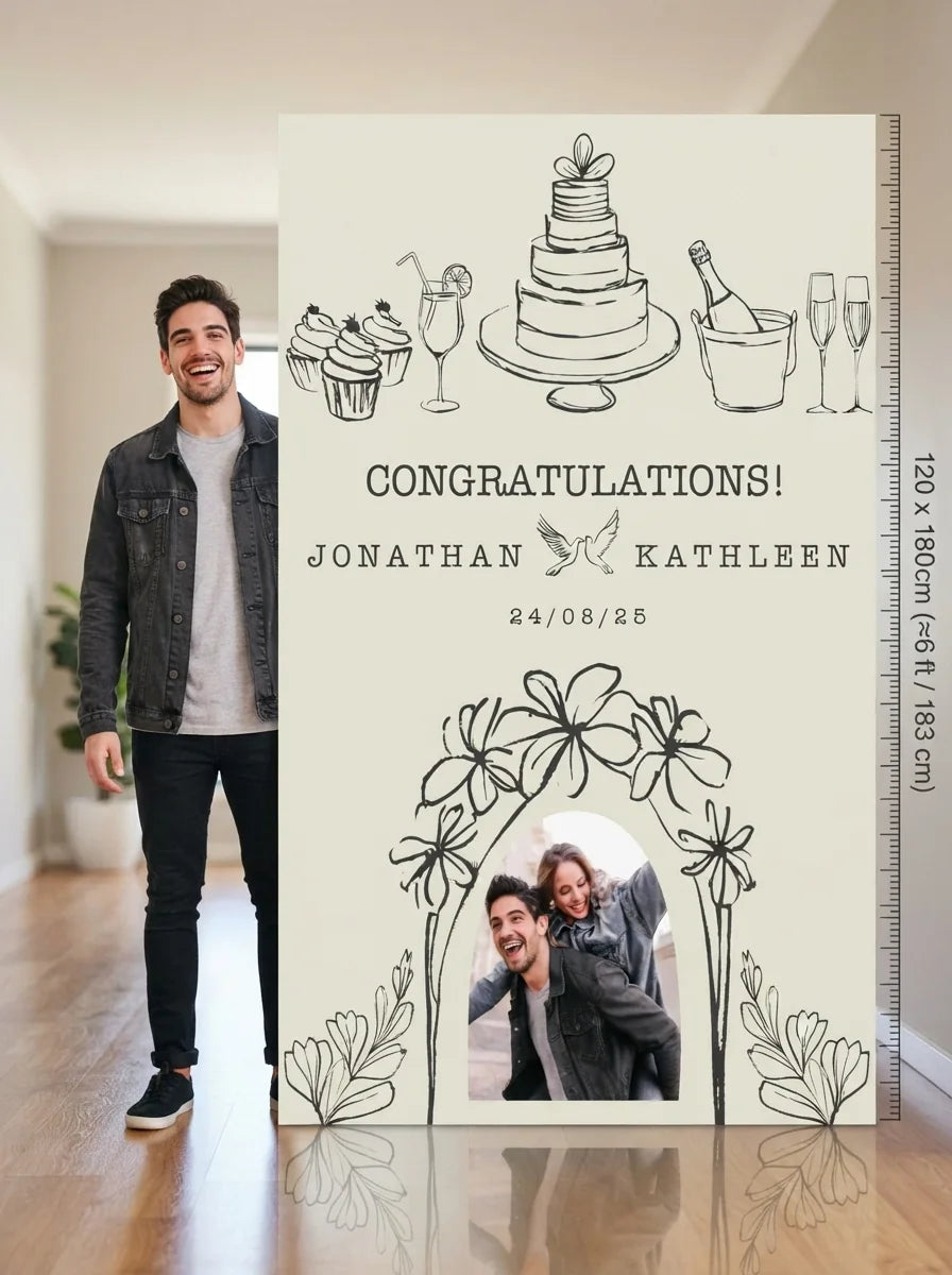 Person standing beside the Line Art Illustration Theme Wedding Mega Card for scale in a size guide