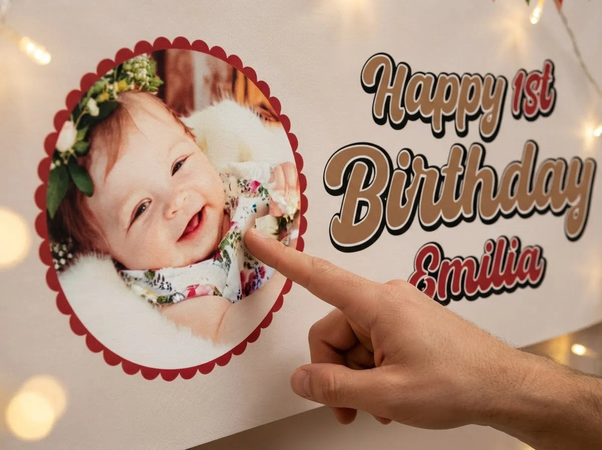 Close-up of the personalised name and photo printed on the Little Red Riding Hood Birthday Banner