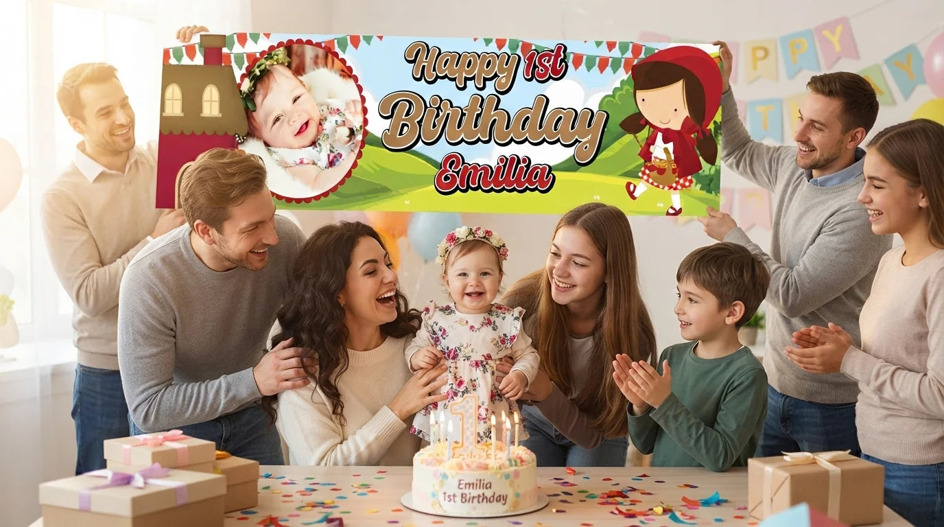 Friends and family celebrating with the personalised Little Red Riding Hood Birthday Banner