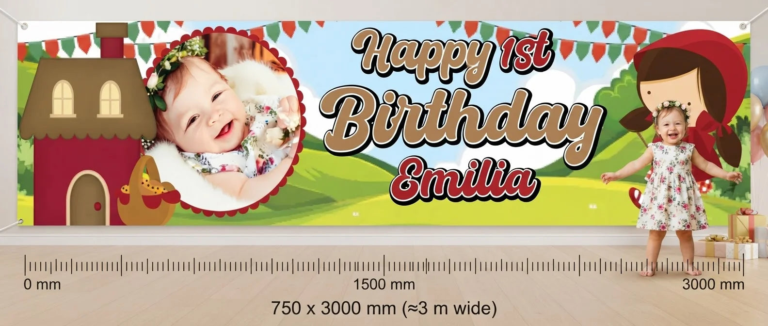 Person standing beside the Little Red Riding Hood Birthday Banner for scale, with size guide showing 750 x 3000 mm