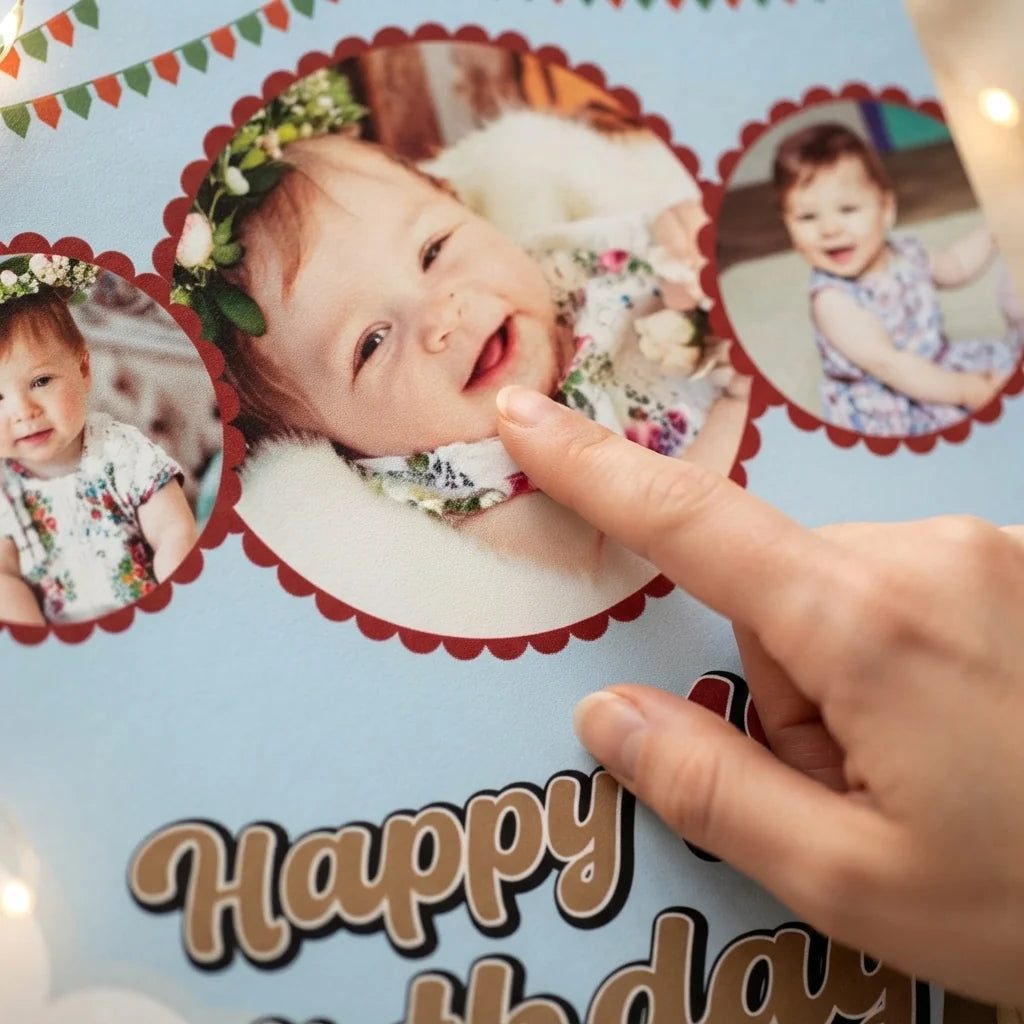 Close-up of the personalised name and photo printed on the Little Red Riding Hood Mega Card