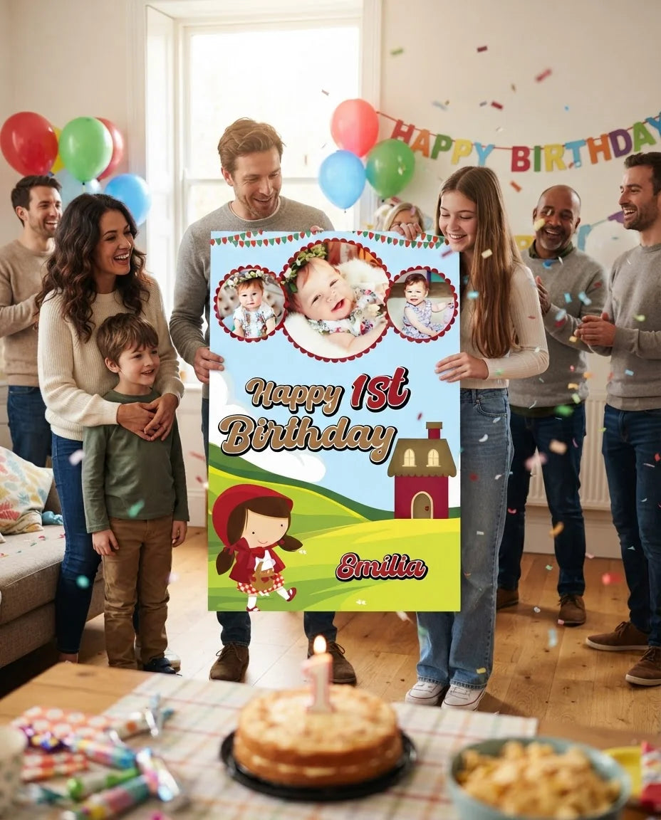 Friends and family celebrating with the personalised Little Red Riding Hood Mega Card