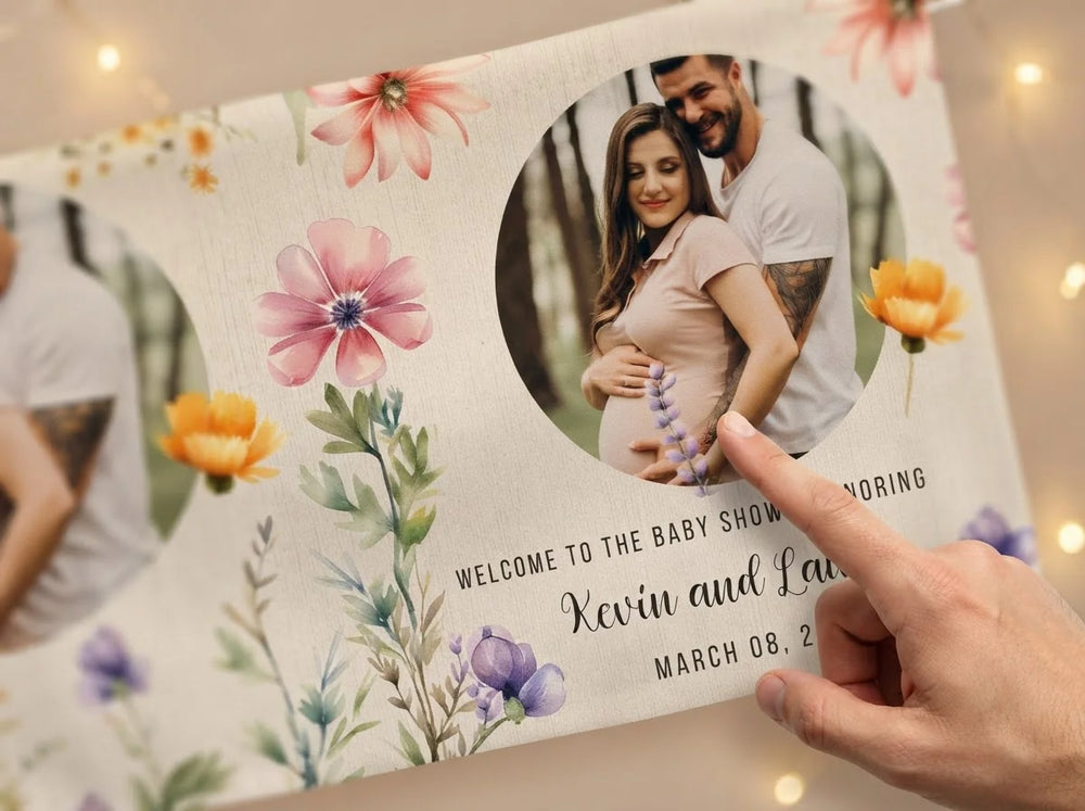 Close-up of the personalised name and photo printed on the Little Wildflower Baby Shower Party Banner