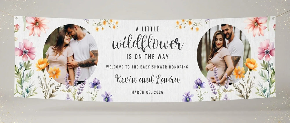 Personalised Little Wildflower Baby Shower Party Banner displayed against a plain studio background