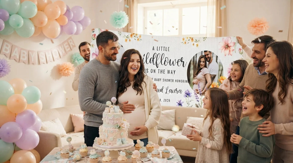 Friends and family celebrating with the personalised Little Wildflower Baby Shower Party Banner