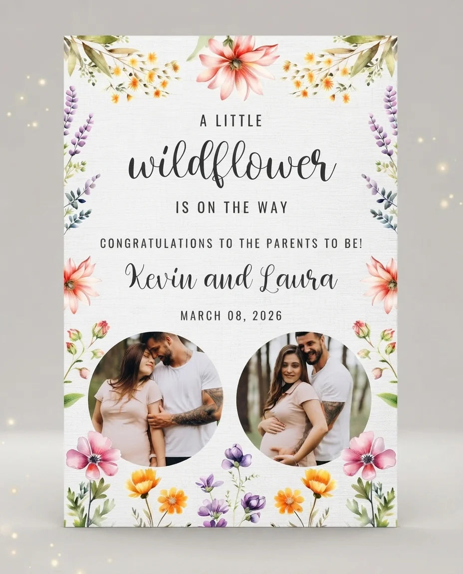 Personalised Little Wildflower Baby Shower Party Mega Card displayed against a plain studio background
