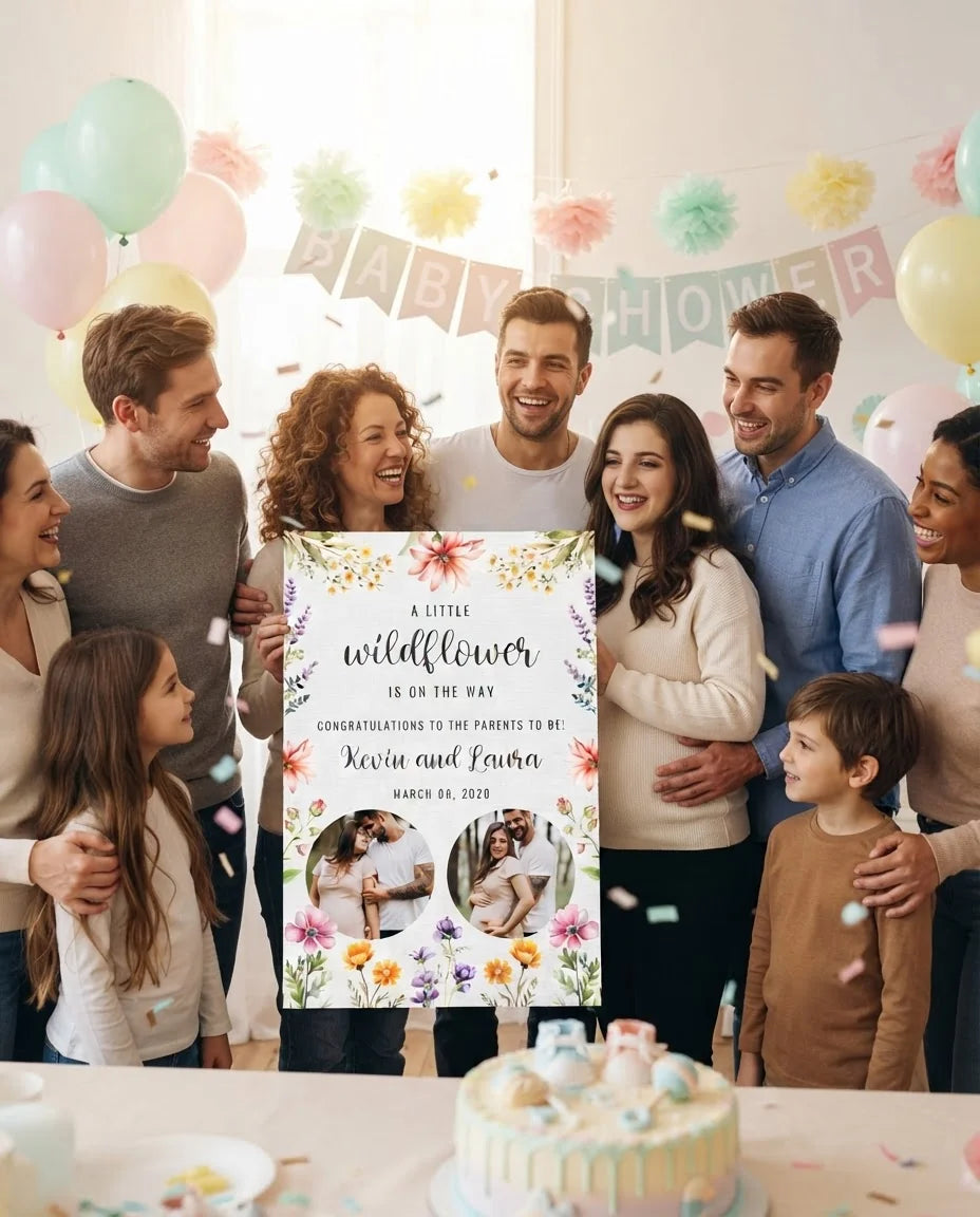 Friends and family celebrating with the personalised Little Wildflower Baby Shower Party Mega Card