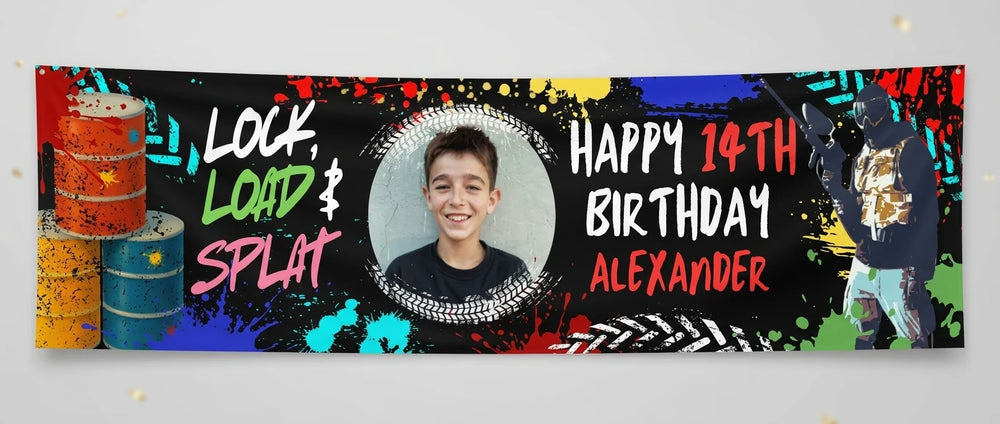 Personalised Lock, Load & Splat Birthday Party Banner displayed against a plain studio background