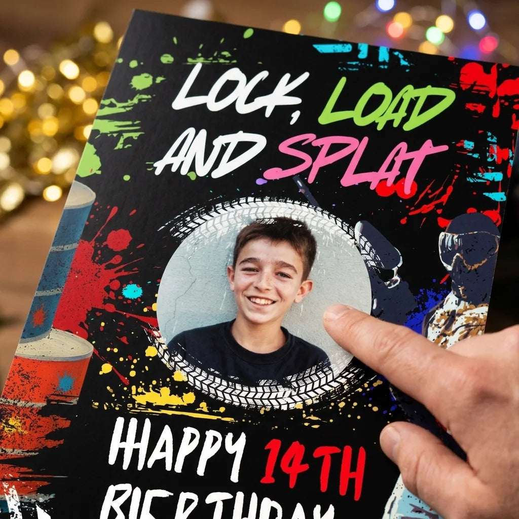 Close-up of the personalised name and photo printed on the Lock, Load & Splat Birthday Party Mega Card