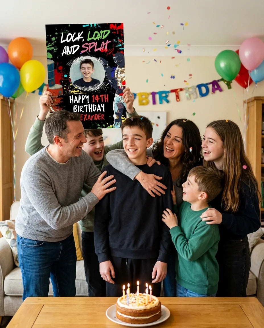 Friends and family celebrating with the personalised Lock, Load & Splat Birthday Party Mega Card