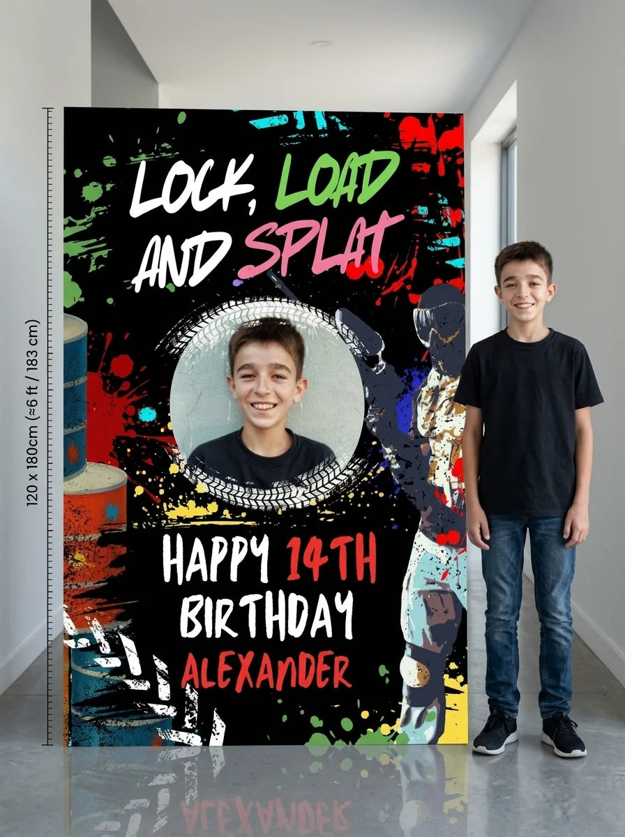 Person standing beside the Lock, Load & Splat Birthday Party Mega Card for scale in a size guide