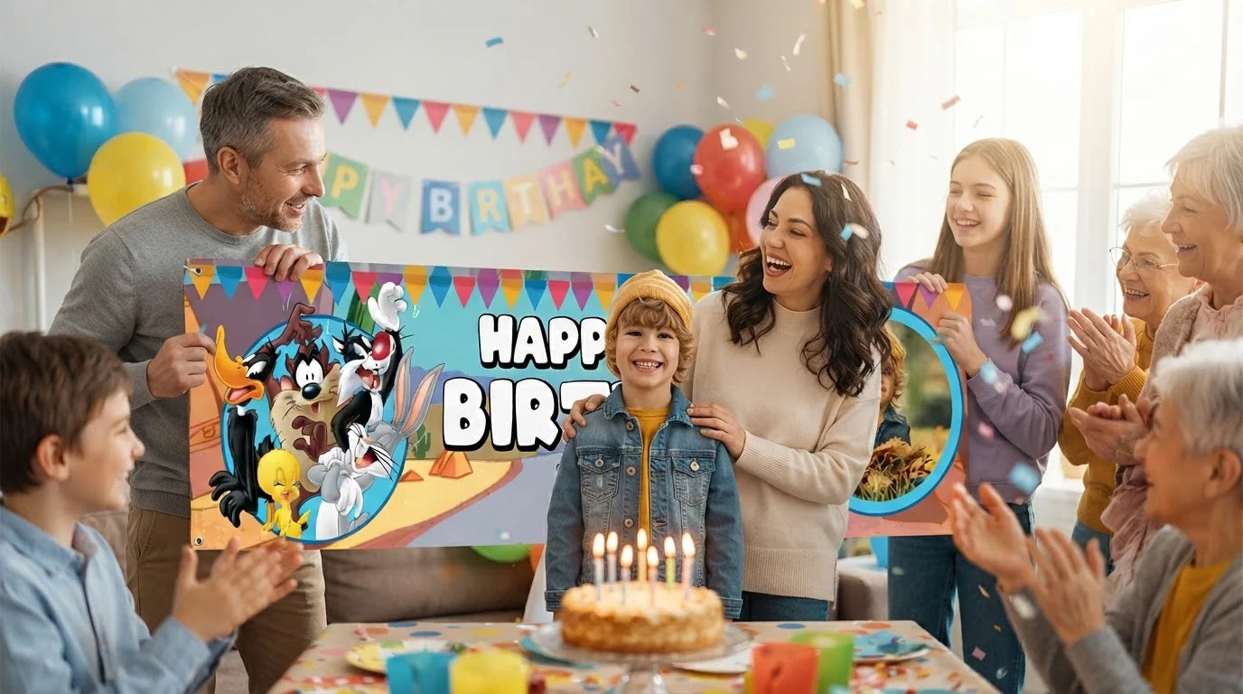 Friends and family celebrating with the personalised Looney Tunes Birthday Banner