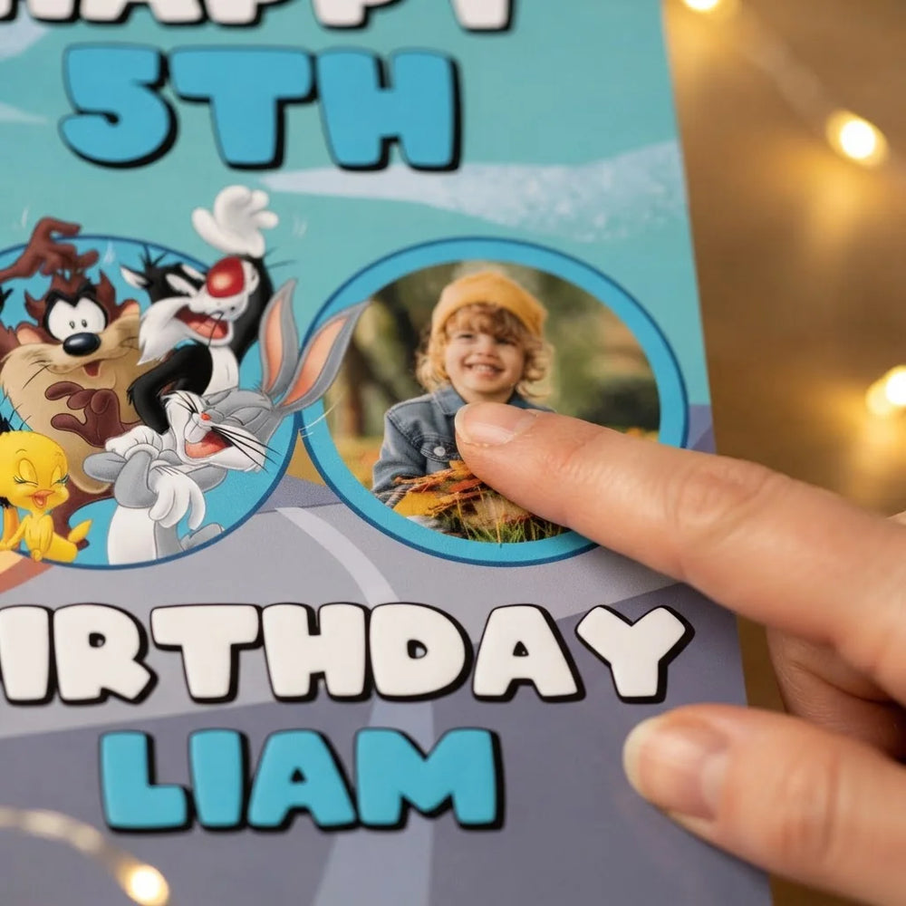 Close-up of the personalised name and photo printed on the Looney Tunes Mega Card