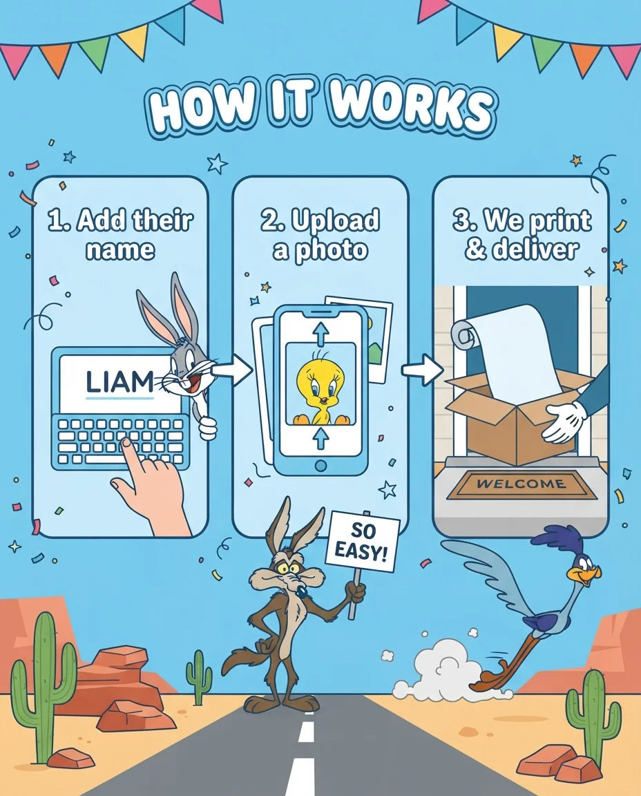 How it works: add a name, upload a photo, and we print and deliver the Looney Tunes Mega Card