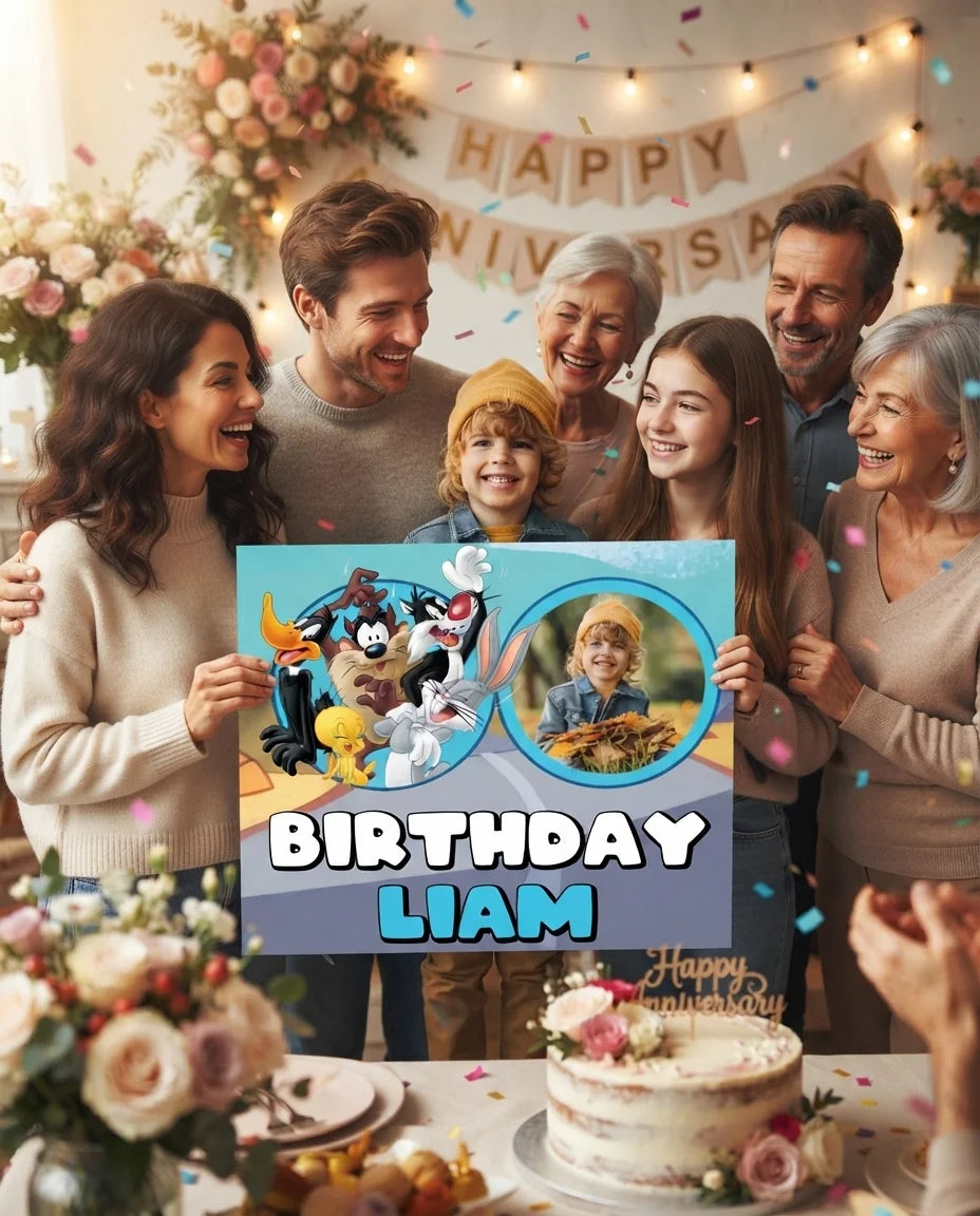 Friends and family celebrating with the personalised Looney Tunes Mega Card
