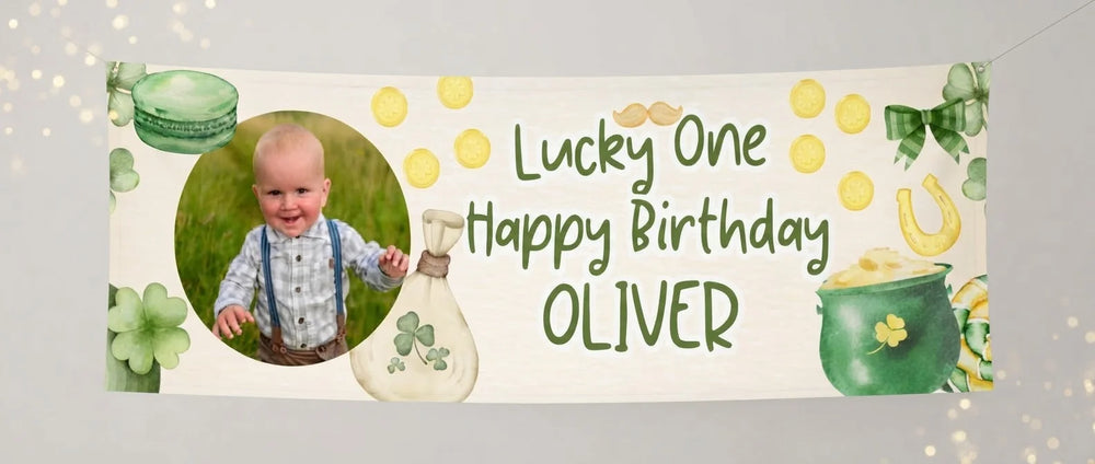 Personalised Lucky One Birthday Party Banner displayed against a plain studio background