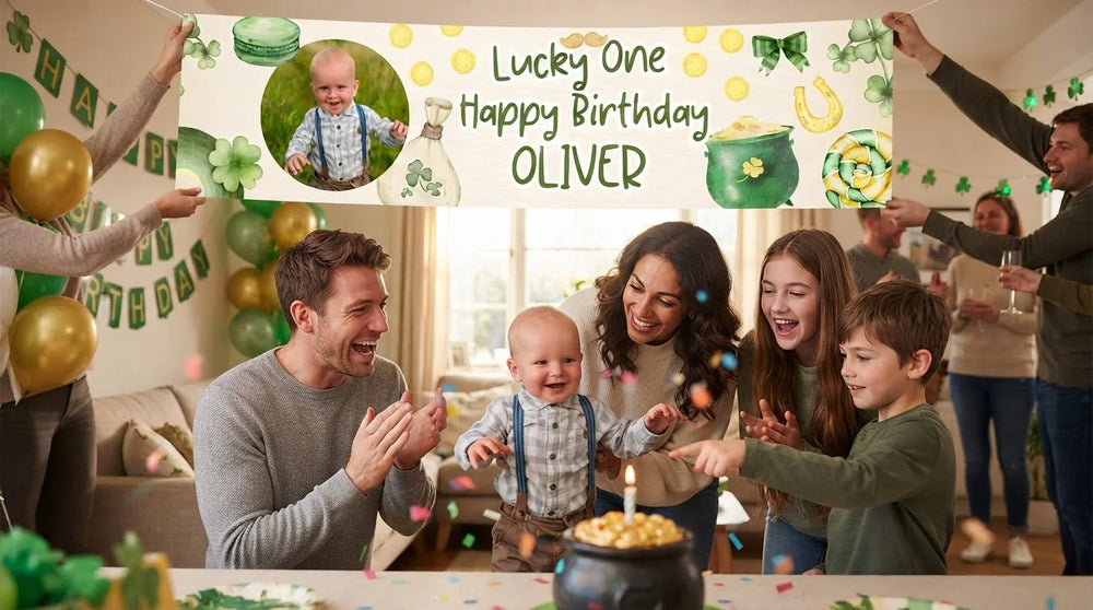 Friends and family celebrating with the personalised Lucky One Birthday Party Banner