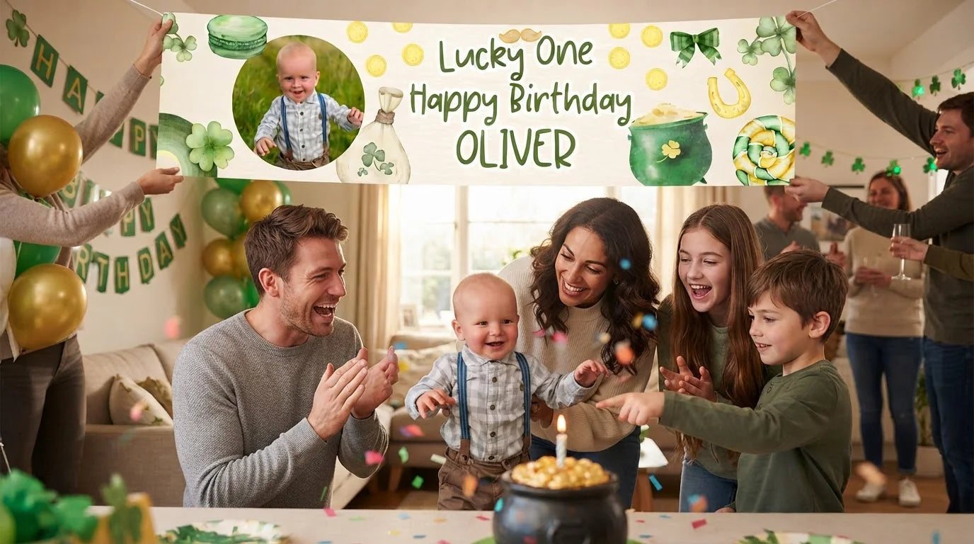 Friends and family celebrating with the personalised Lucky One Birthday Party Banner