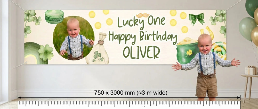Person standing beside the Lucky One Birthday Party Banner for scale, with size guide showing 750 x 3000 mm