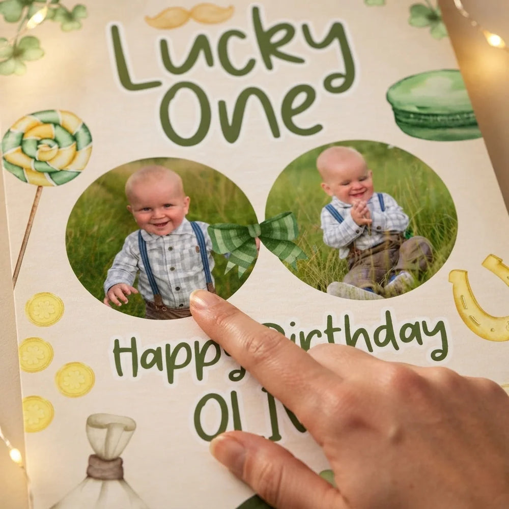 Close-up of the personalised name and photo printed on the Lucky One Birthday Party Mega Card