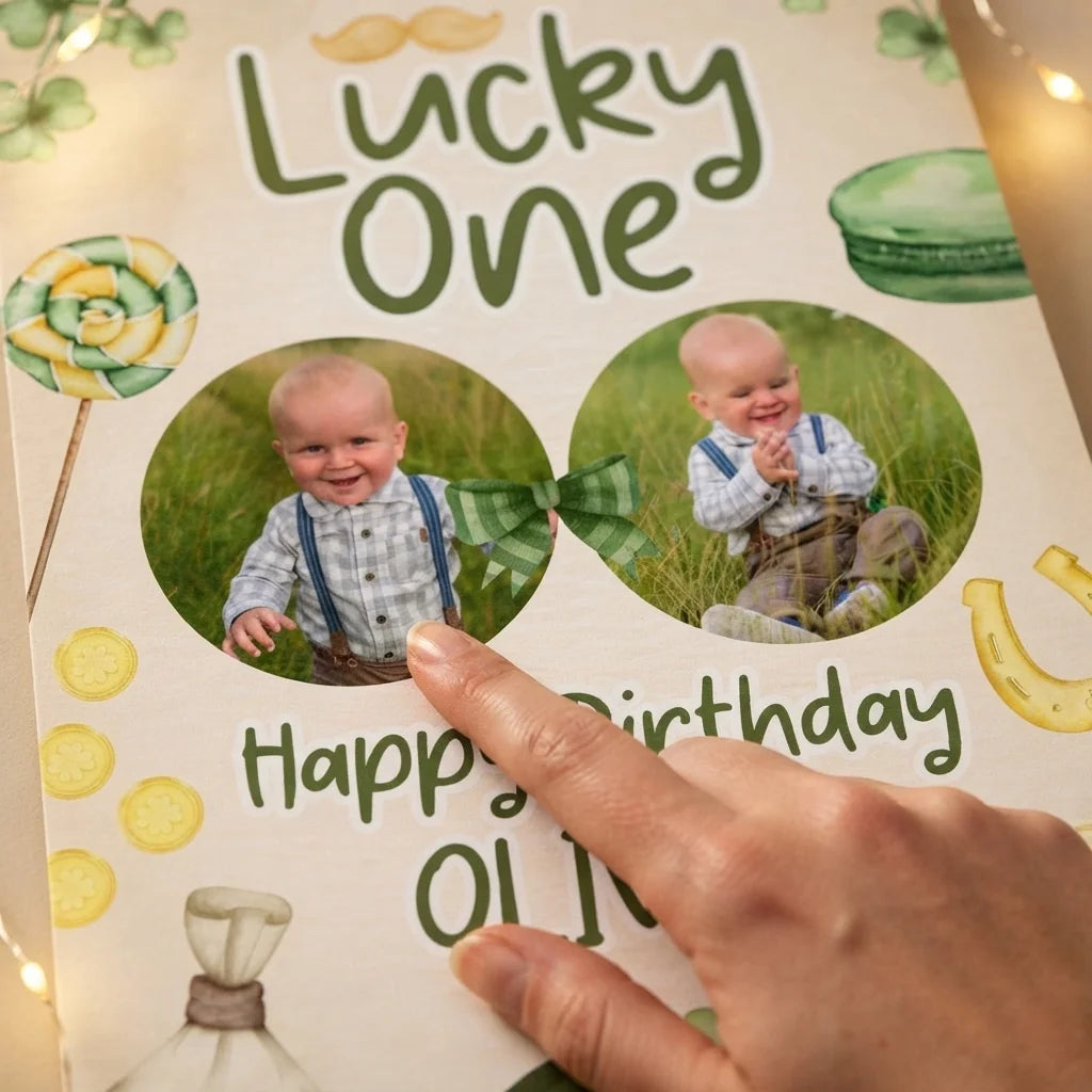 Close-up of the personalised name and photo printed on the Lucky One Birthday Party Mega Card