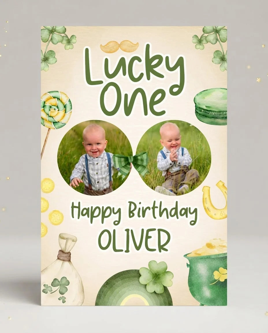 Personalised Lucky One Birthday Party Mega Card displayed against a plain studio background
