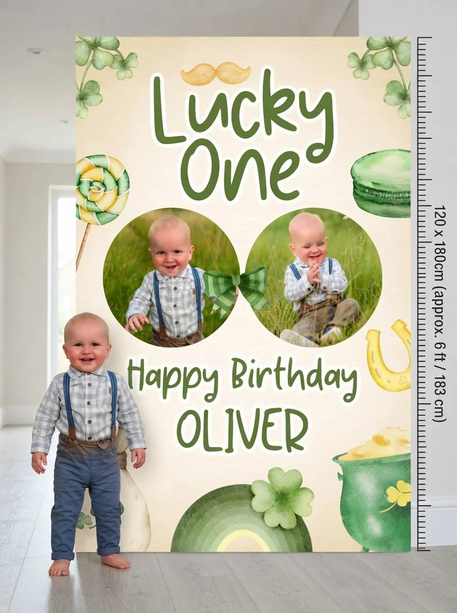 Person standing beside the Lucky One Birthday Party Mega Card for scale in a size guide