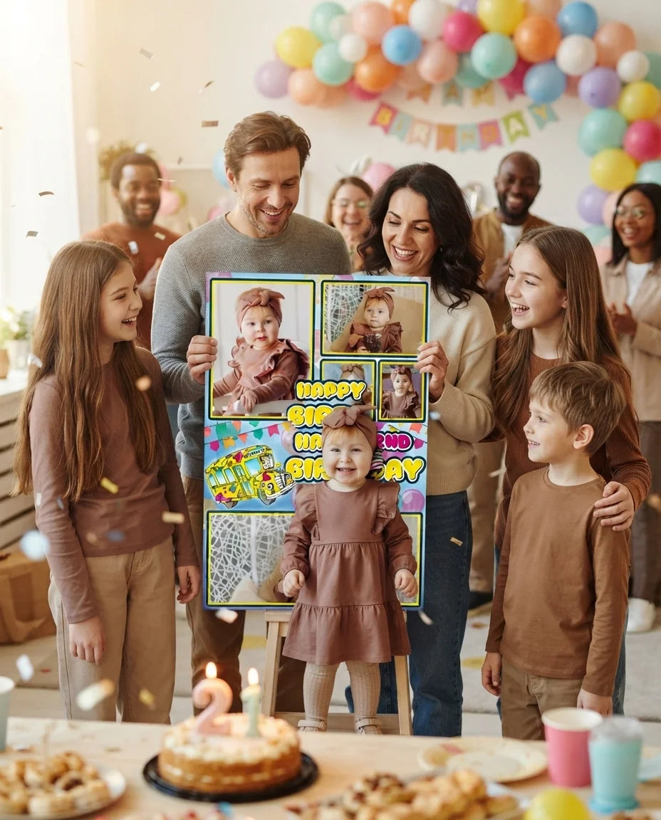 Friends and family celebrating with the personalised Magic Bus Mega Card