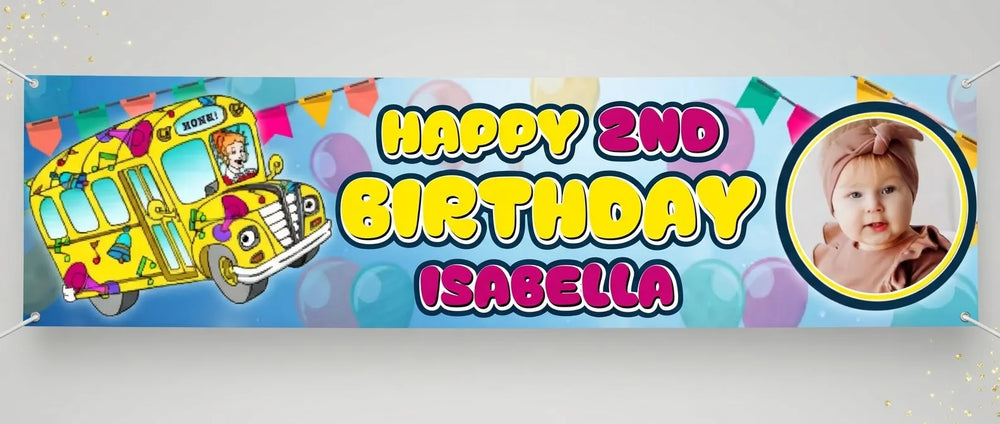 Personalised Magic School Bus Birthday Banner displayed against a plain studio background