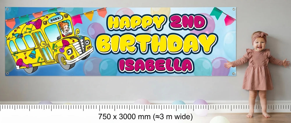 Person standing beside the Magic School Bus Birthday Banner for scale, with size guide showing 750 x 3000 mm