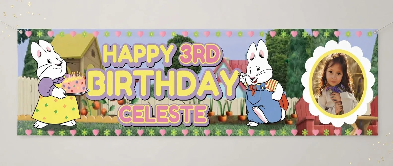 Personalised Max and Ruby Birthday Banner displayed against a plain studio background