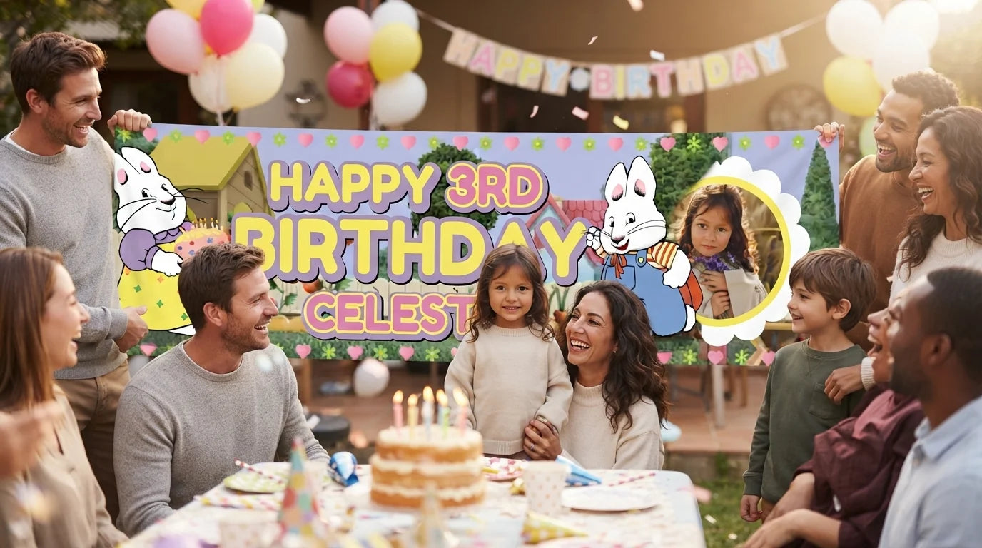 Friends and family celebrating with the personalised Max and Ruby Birthday Banner