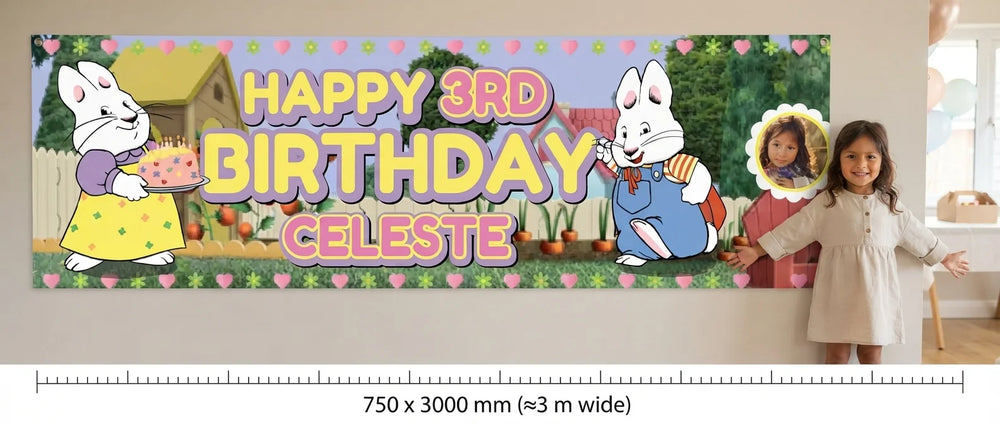 Person standing beside the Max and Ruby Birthday Banner for scale, with size guide showing 750 x 3000 mm