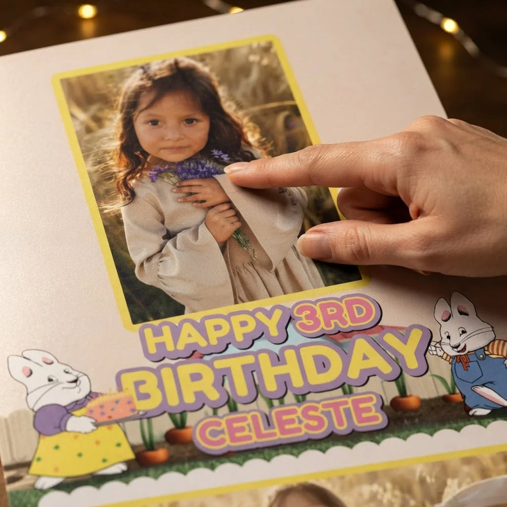 Close-up of the personalised name and photo printed on the Max and Ruby Mega Card
