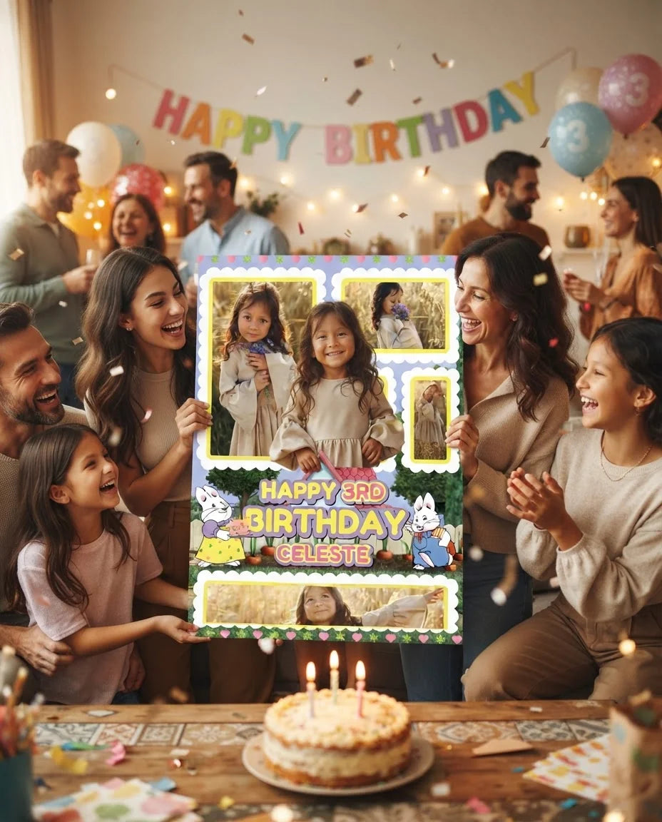 Friends and family celebrating with the personalised Max and Ruby Mega Card