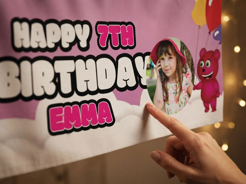Close-up of the personalised name and photo printed on the Mega Gummy Bear Birthday Banner