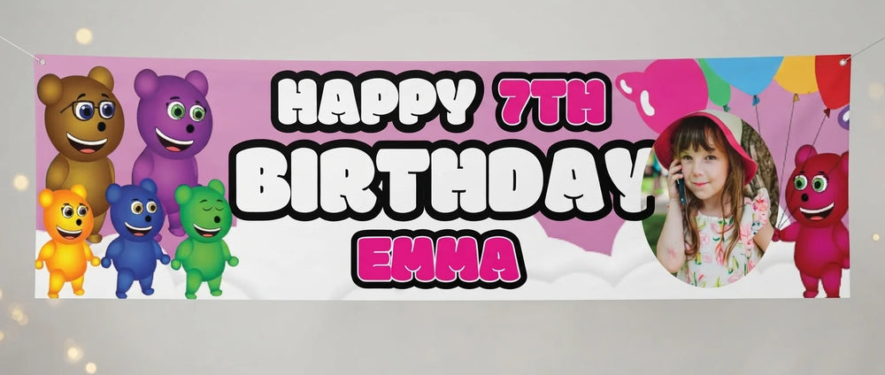 Personalised Mega Gummy Bear Birthday Banner displayed against a plain studio background
