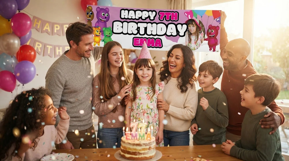 Friends and family celebrating with the personalised Mega Gummy Bear Birthday Banner
