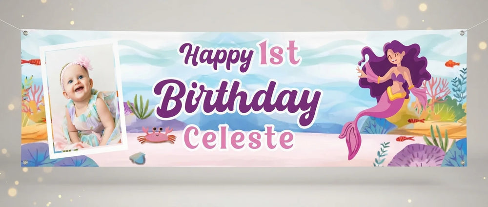Personalised Mermaid Birthday Banner displayed against a plain studio background