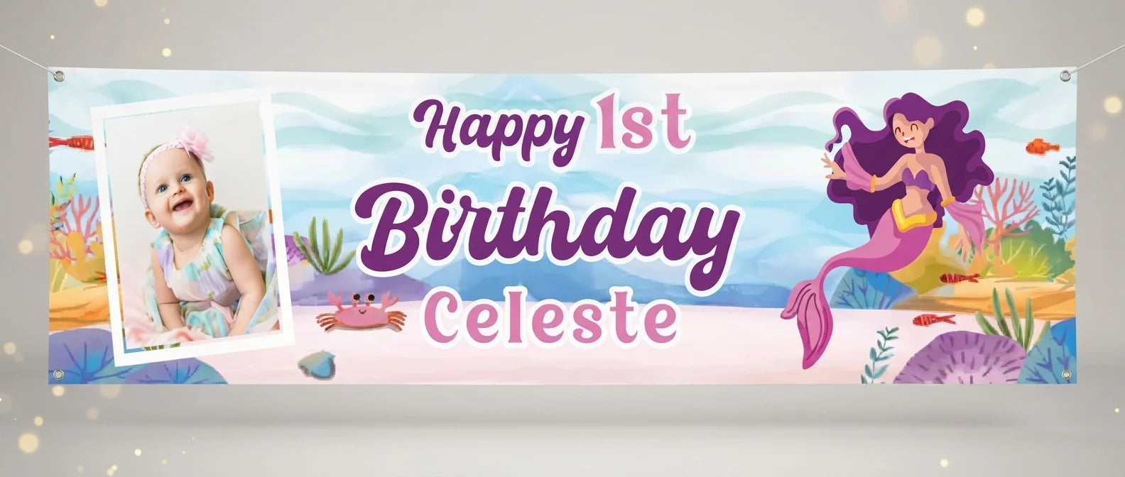 Personalised Mermaid Birthday Banner displayed against a plain studio background