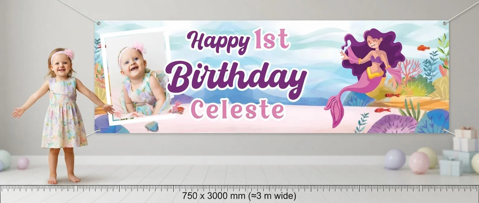 Person standing beside the Mermaid Birthday Banner for scale, with size guide showing 750 x 3000 mm