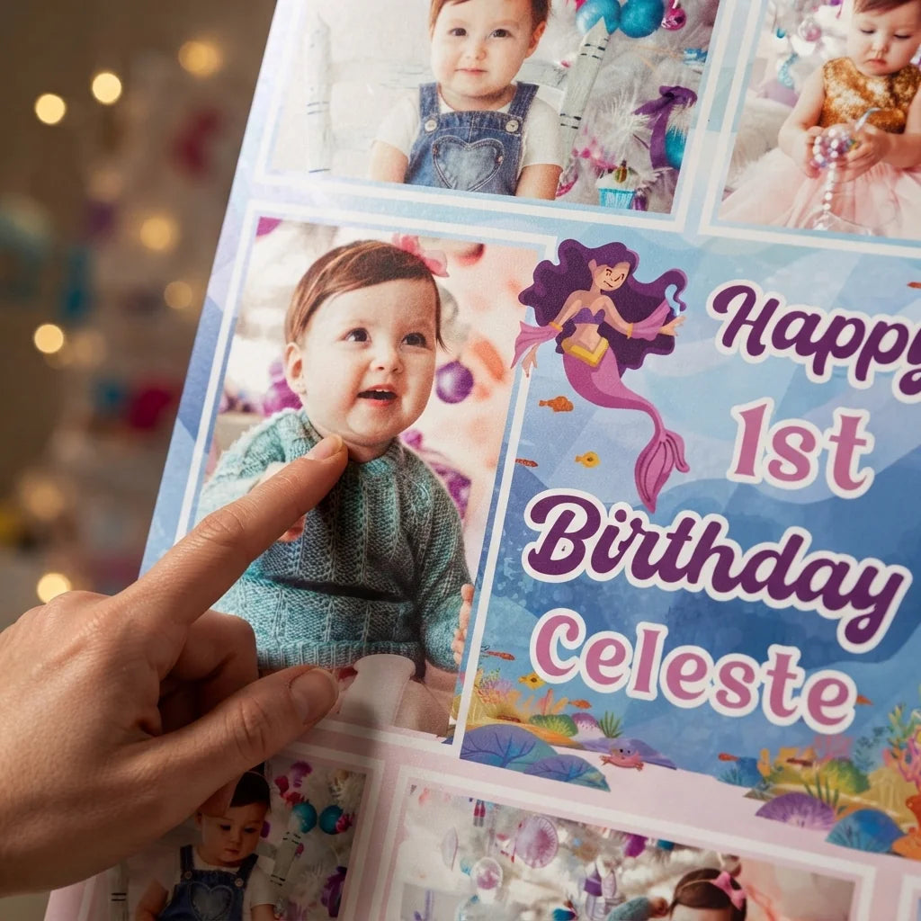 Close-up of the personalised name and photo printed on the Mermaid Mega Card