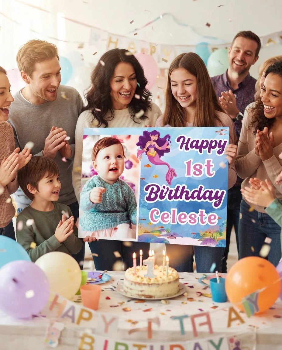 Friends and family celebrating with the personalised Mermaid Mega Card