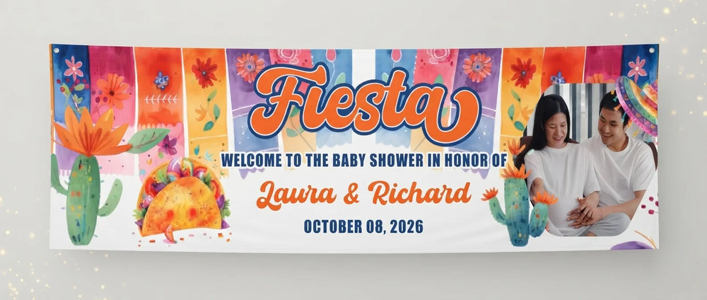 Personalised Mexican Fiesta Baby Shower Banner displayed against a plain studio background
